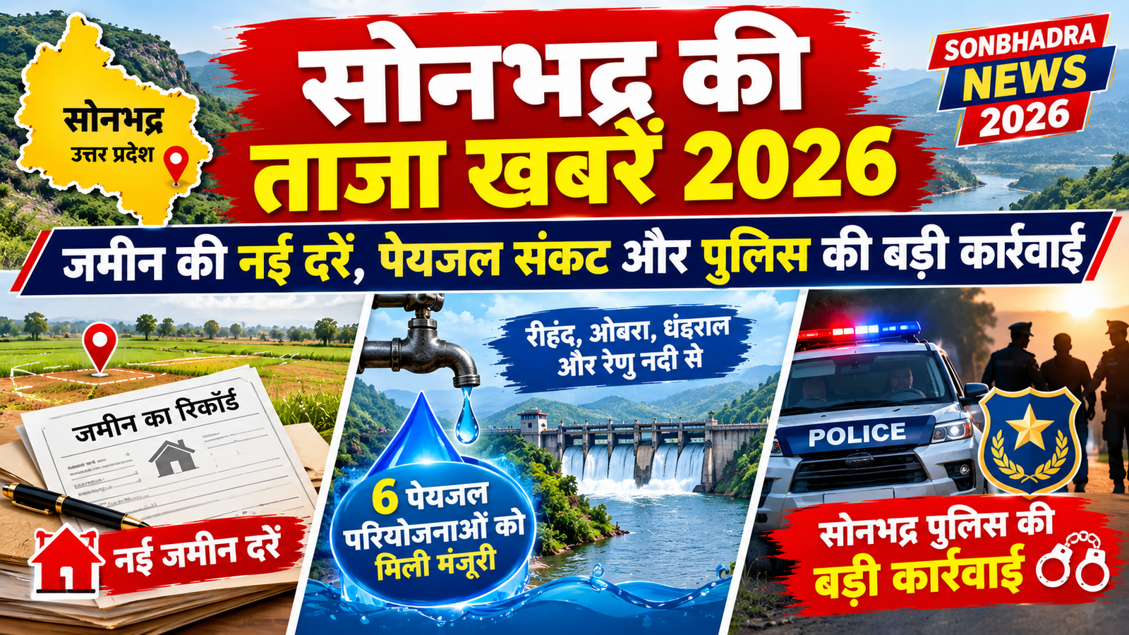 सोनभद्र की ताजा खबरें 2026: जमीन की नई दरें, पेयजल संकट और पुलिस की बड़ी कार्रवाई
